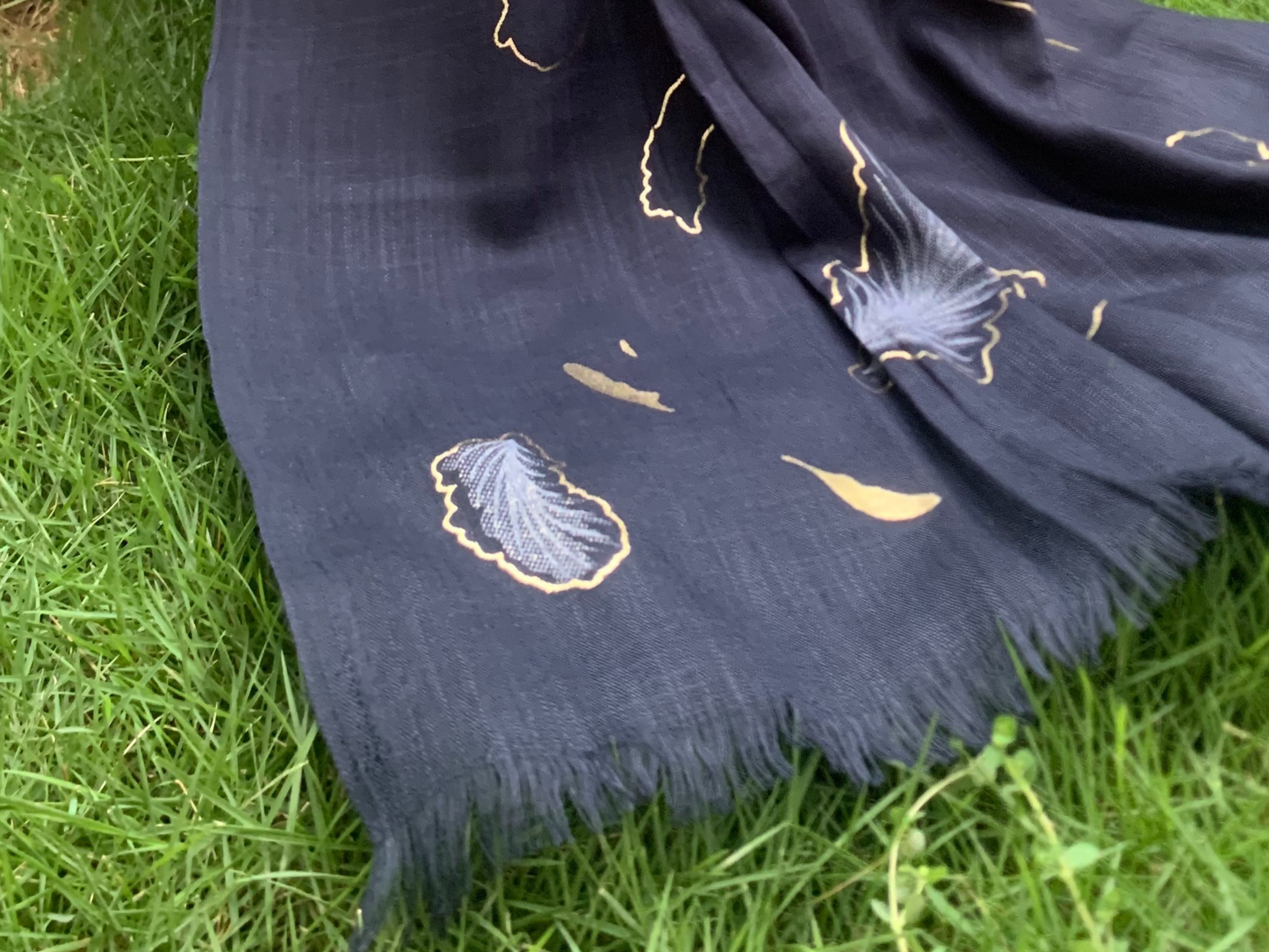 Golden Foil Print Hijab - Navy Blue