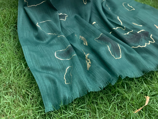 Golden Foil Print Hijab - Dark Green