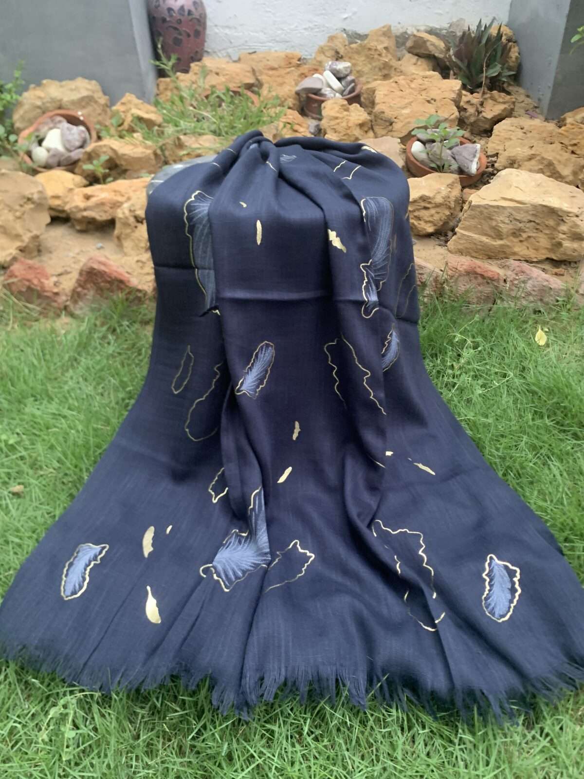 Golden Foil Print Hijab - Navy Blue