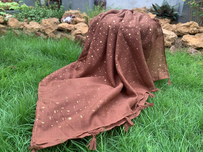 Golden Embossed Turkish Lawn Hijab - Chocolate Brown