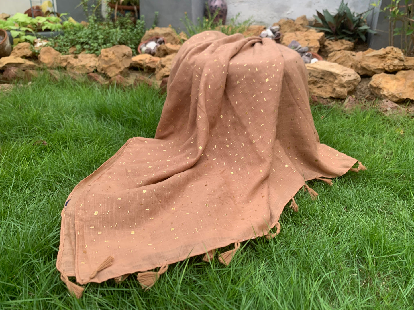 Golden Embossed Turkish Lawn Hijab - Tan Brown