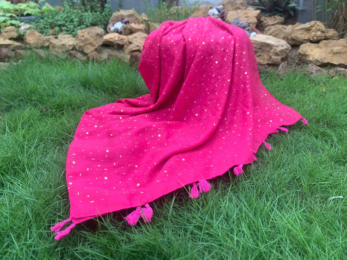 Golden Embossed Turkish Lawn Hijab - Hot Pink