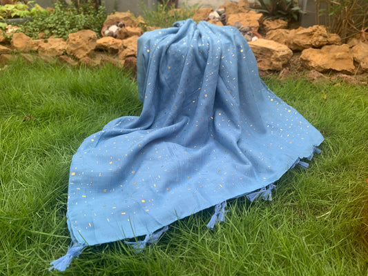 Golden Embossed Turkish Lawn Hijab - Blue