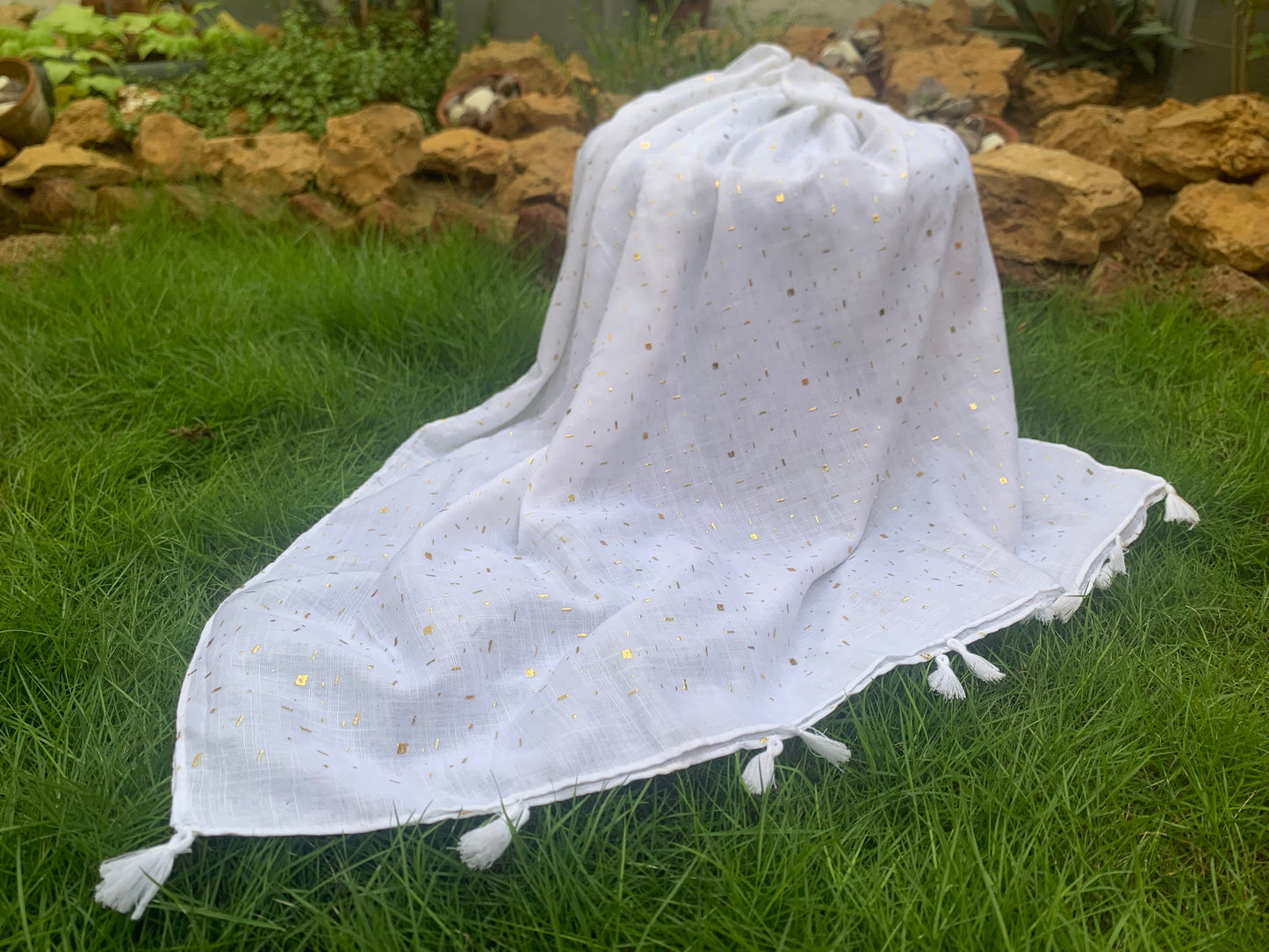 Golden Embossed Turkish Lawn Hijab - White