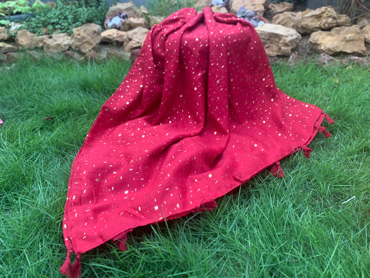 Golden Embossed Turkish Lawn Hijab - Ruby Red