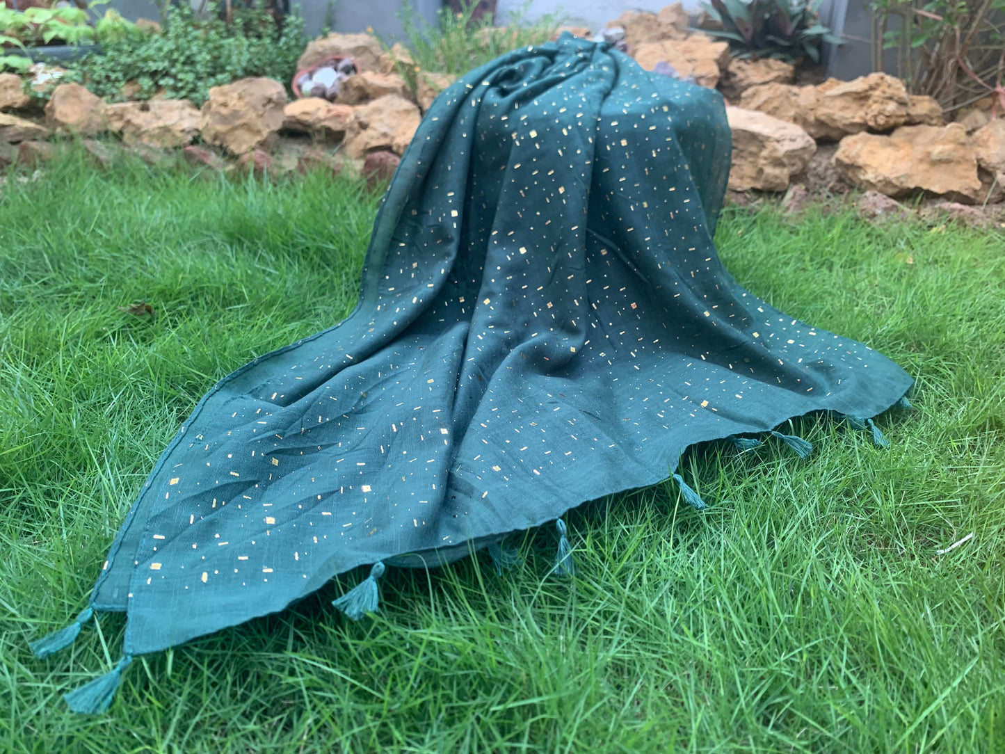 Golden Embossed Turkish Lawn Hijab - Forest Green